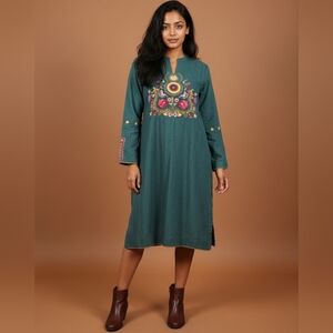 Embroidered Teal Long Sleeve Dress